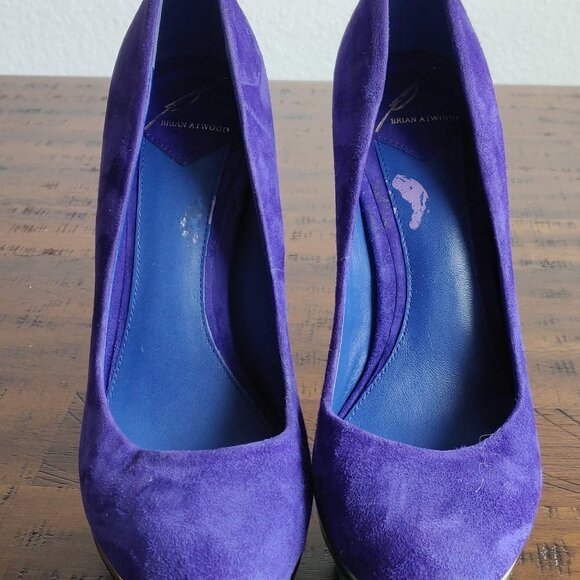 Brian Atwood Blue Suede Colorblock Fontanne Platform Pumps 7.5 Gold aqua green - Picture 6 of 11